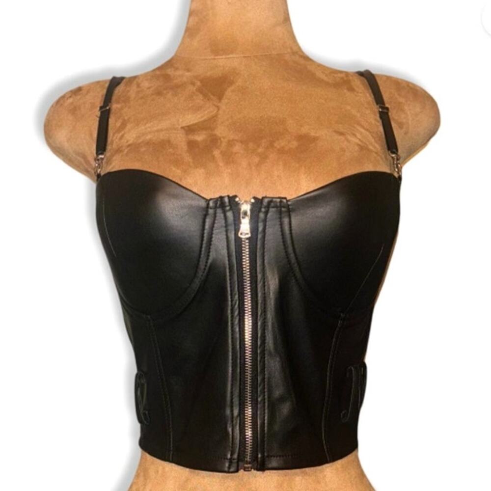 Maniere De Voir sexy vegan leather cropped zip up corset top padded harness goth